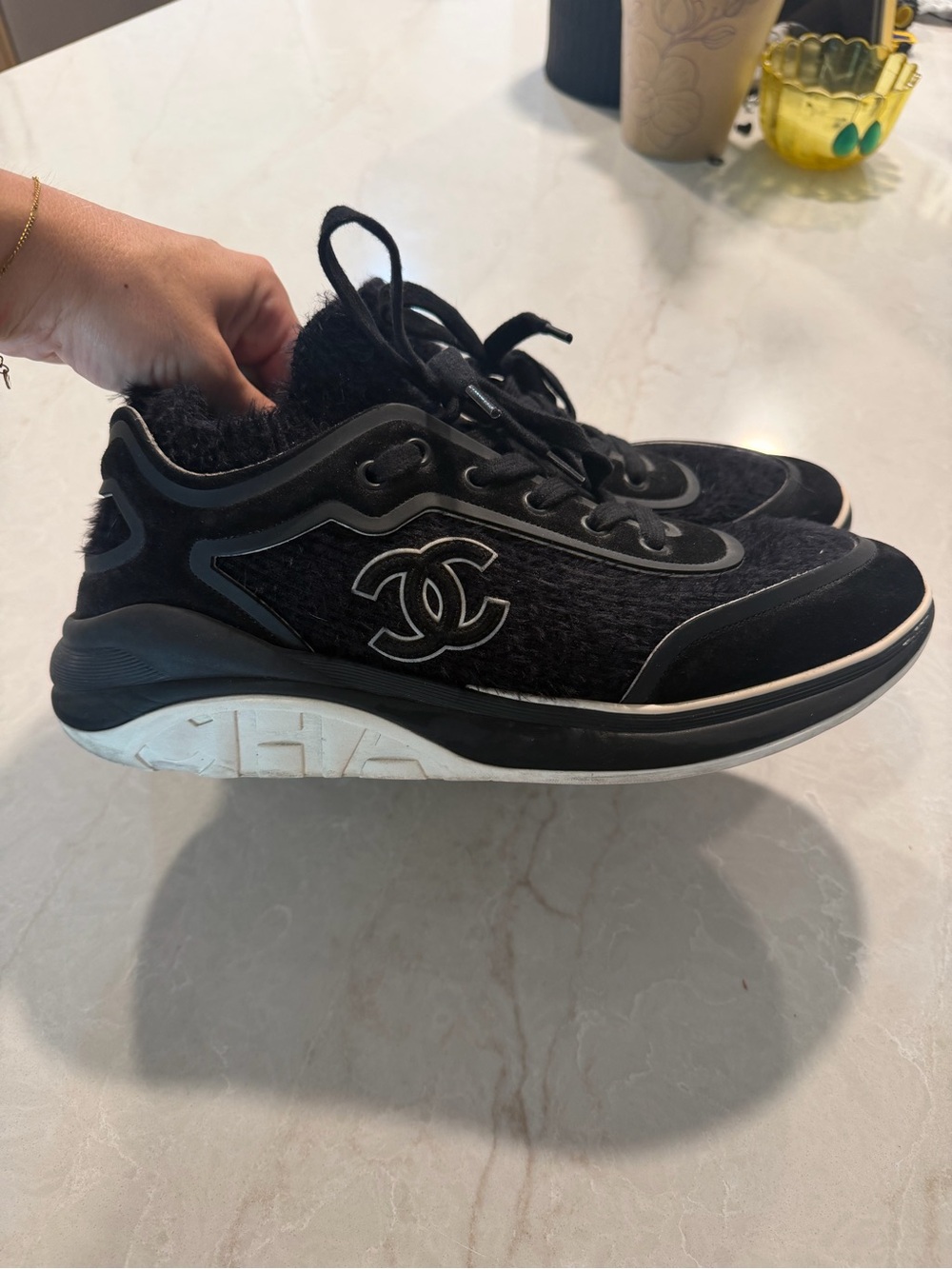 CHANEL Black CC-Emblem Fuzzy Trainer Sneakers